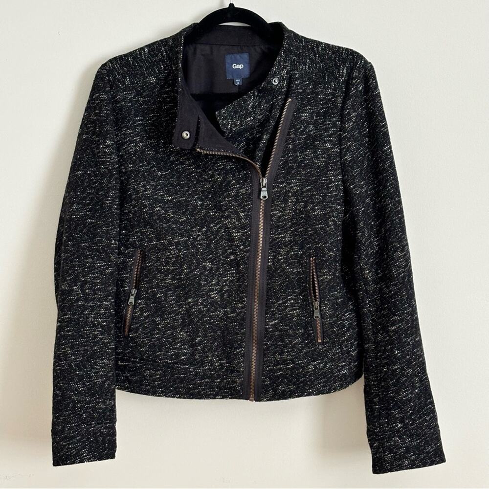 Retro Vintage Gap Black & White Tweed Wool Moto Jacket Size M - Picture 2 of 8